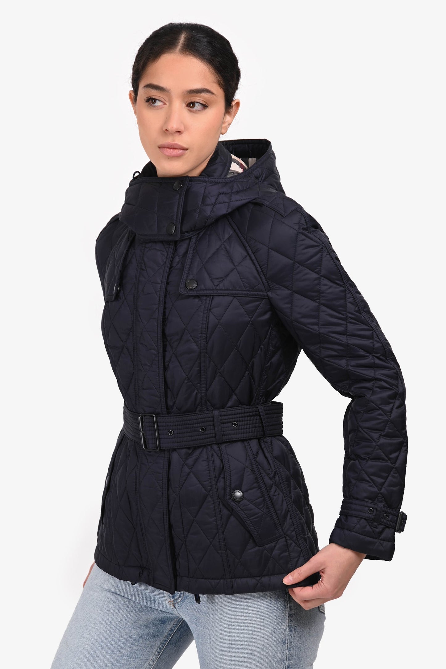 Burberry Navy Nylon Quilted Belted Short Coat Size S
