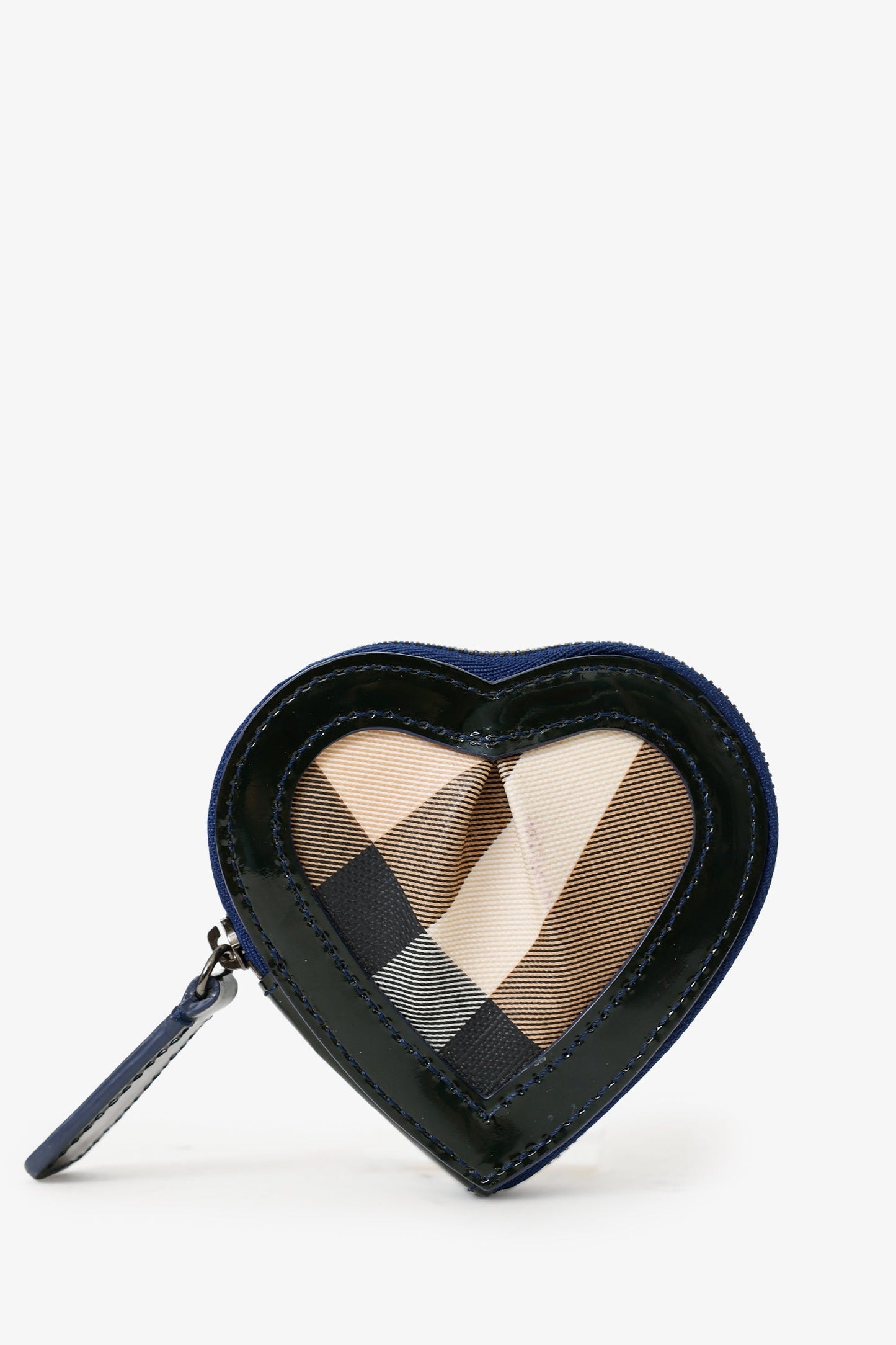 Burberry Black/Beige Patent/Canvas Nova Check Heart Coin Pouch