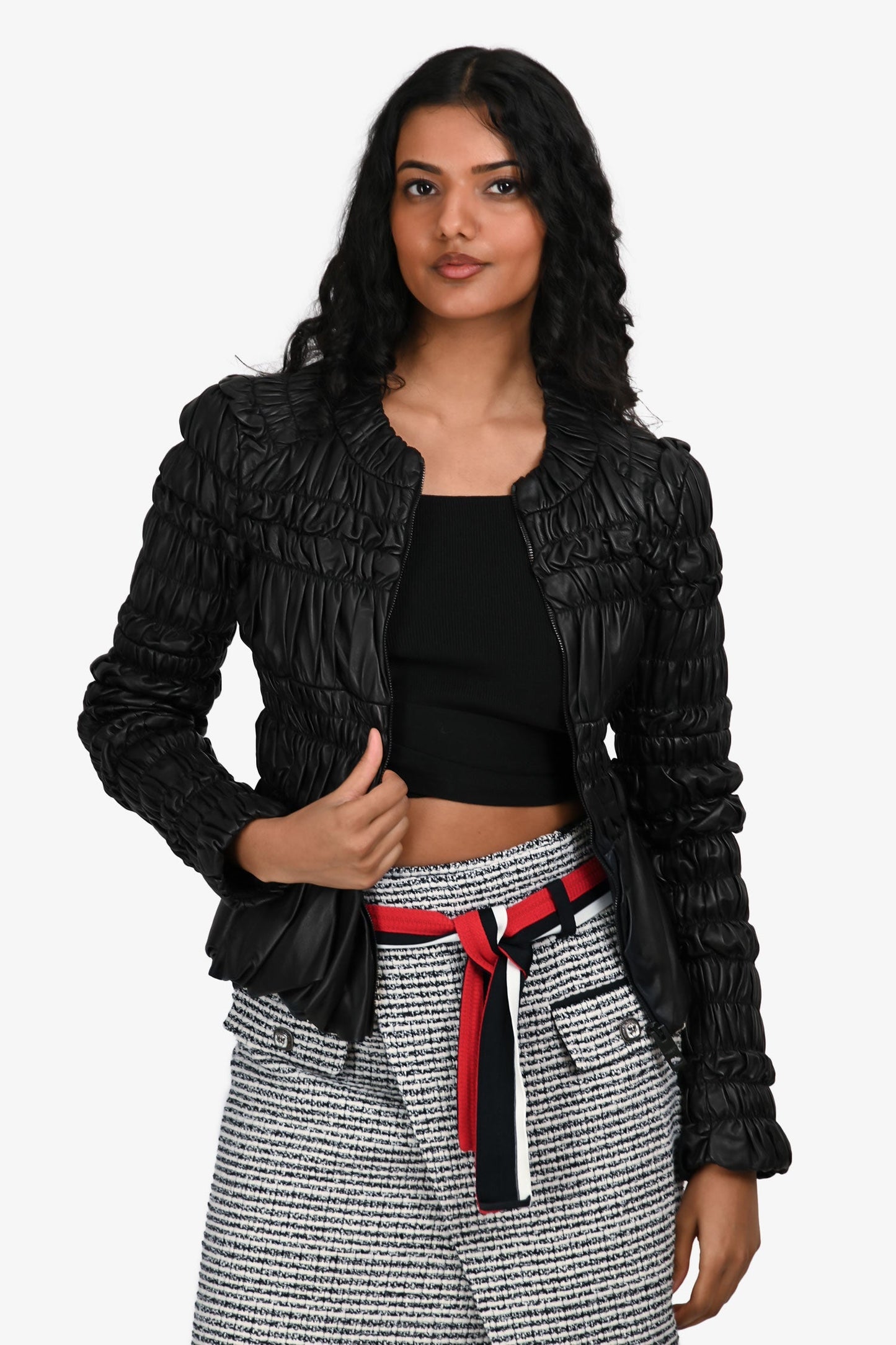 Burberry Prorsum Black Leather Ruched Zip-Up Leather Jacket Size 38