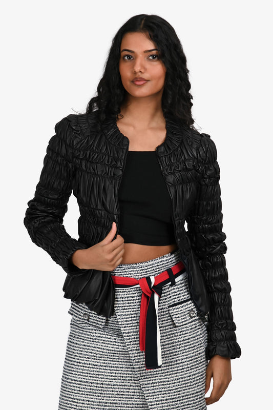 Burberry Prorsum Black Leather Ruched Zip-Up Leather Jacket Size 38