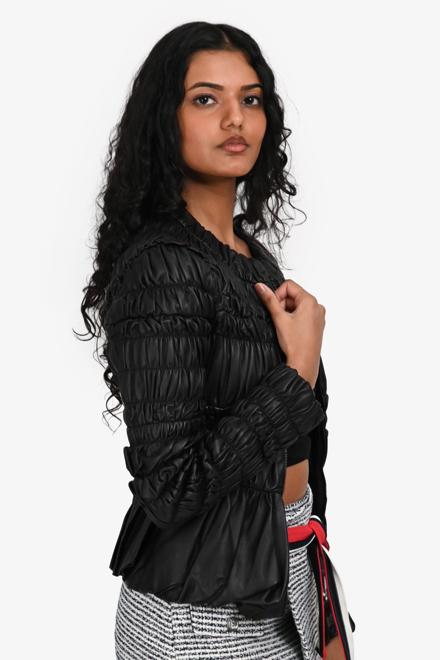 Burberry Prorsum Black Leather Ruched Zip-Up Leather Jacket Size 38