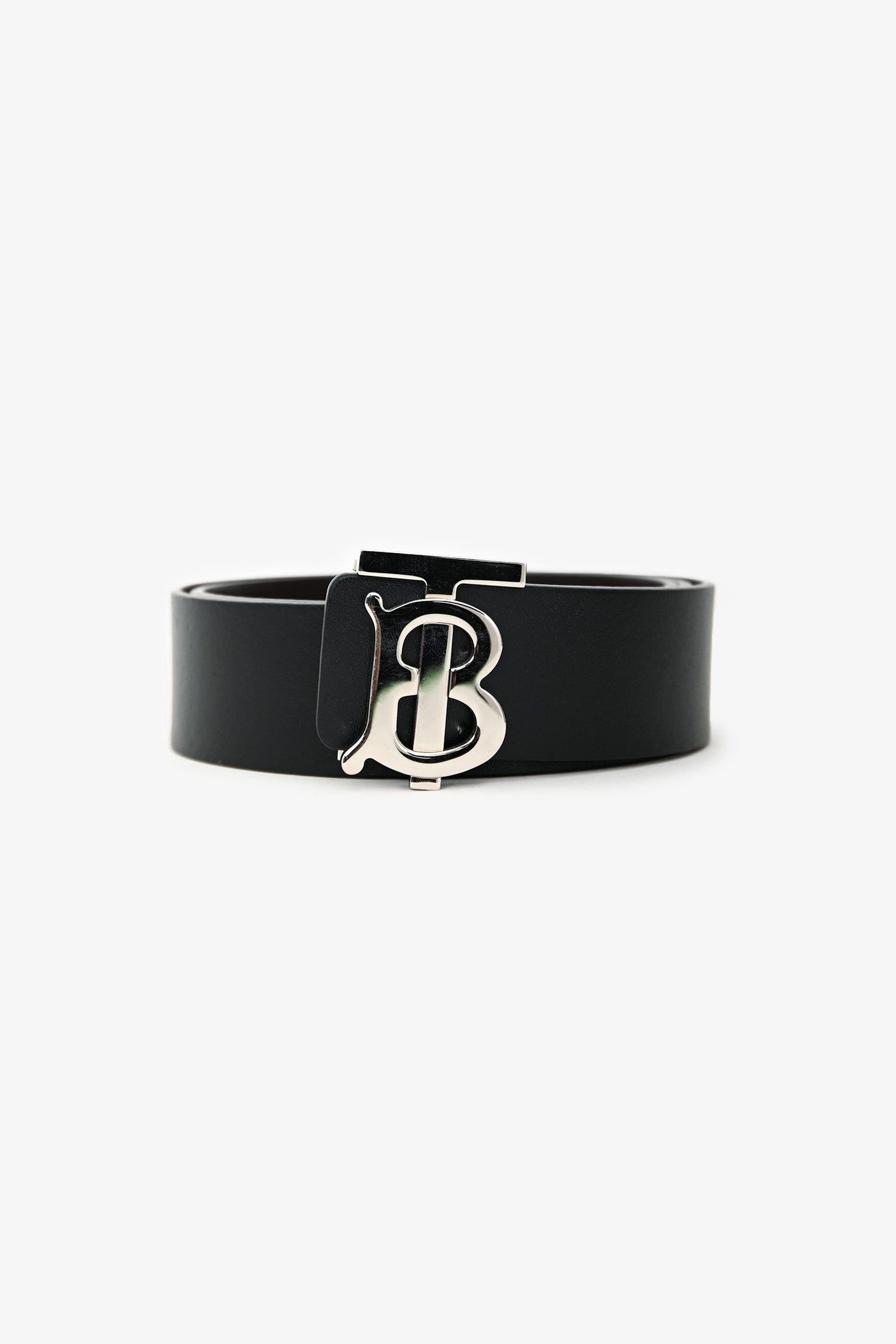 Burberry Black/Brown Reversible Leather Silver Tone 'TB' Buckle Belt Size 34/85