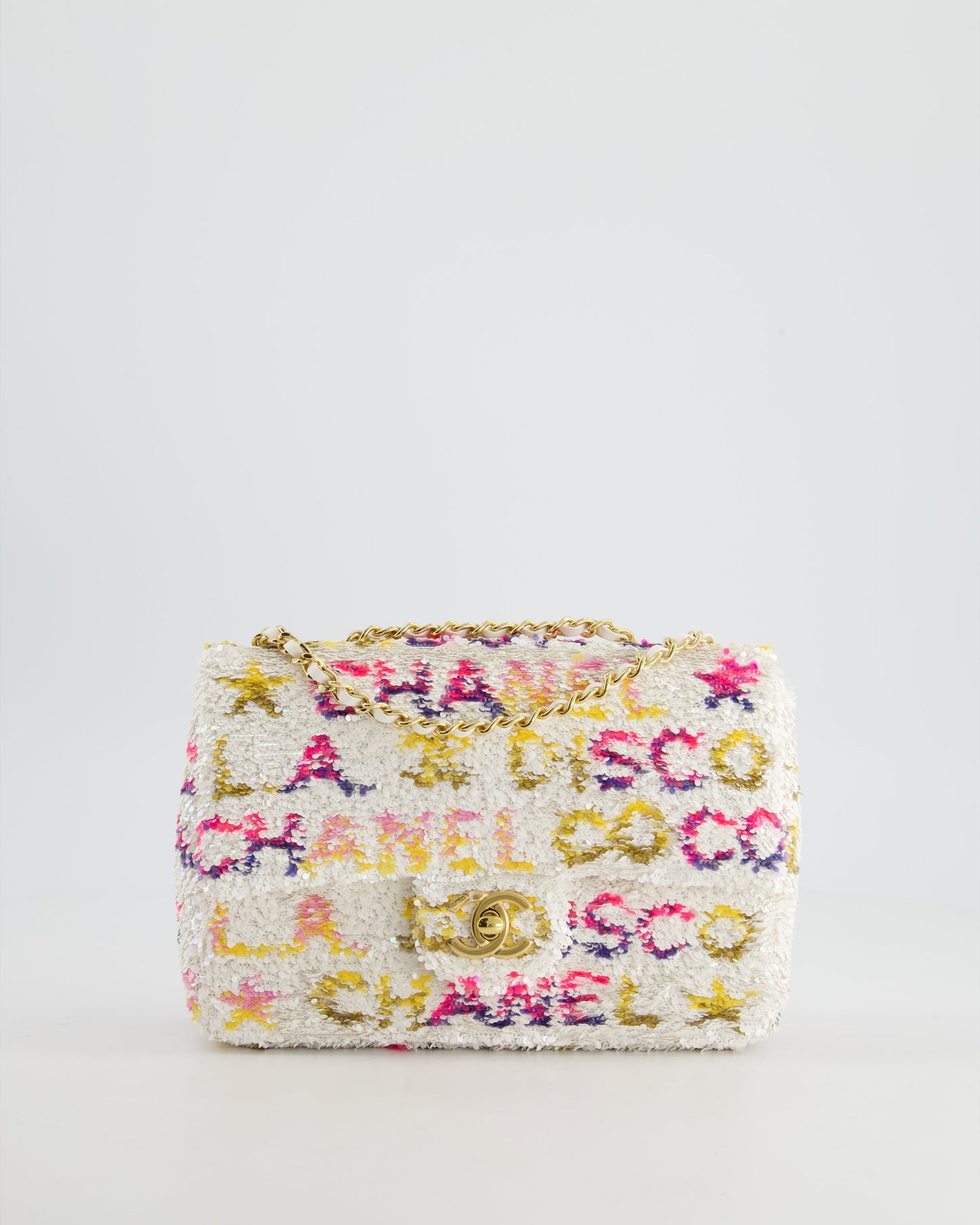 & CURRENT SEASON* Chanel Cruise 2024 White, Yellow, Pink and Blue Sequin Small Flap Bag with Gold Hardware