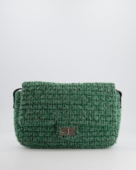 *FIRE PRICE* Chanel Green Tweed 2.55 Large Crossbody Bag with Ruthenium Hardware