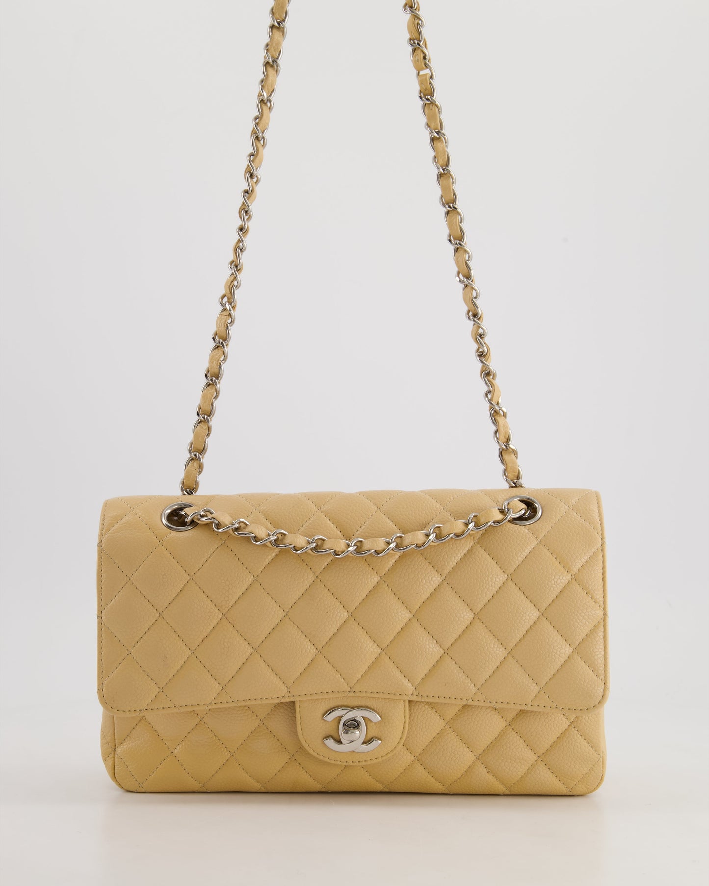 *FIRE PRICE* Chanel Beige Medium Classic Double Flap in Caviar Leather with Silver Hardware