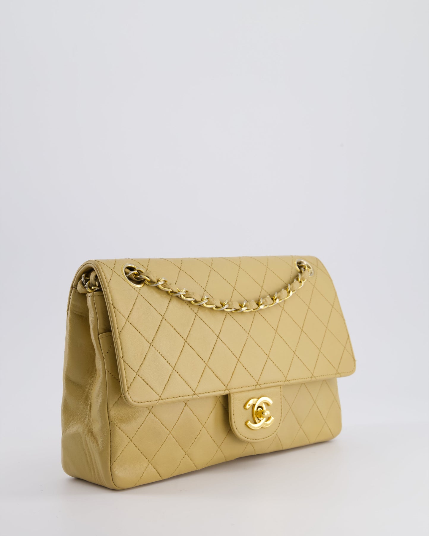 *FIRE PRICE* Chanel   Chai Beige Classic Medium Stitched Edge Double Flap Bag in Lambskin Leather with 24K Gold Hardware