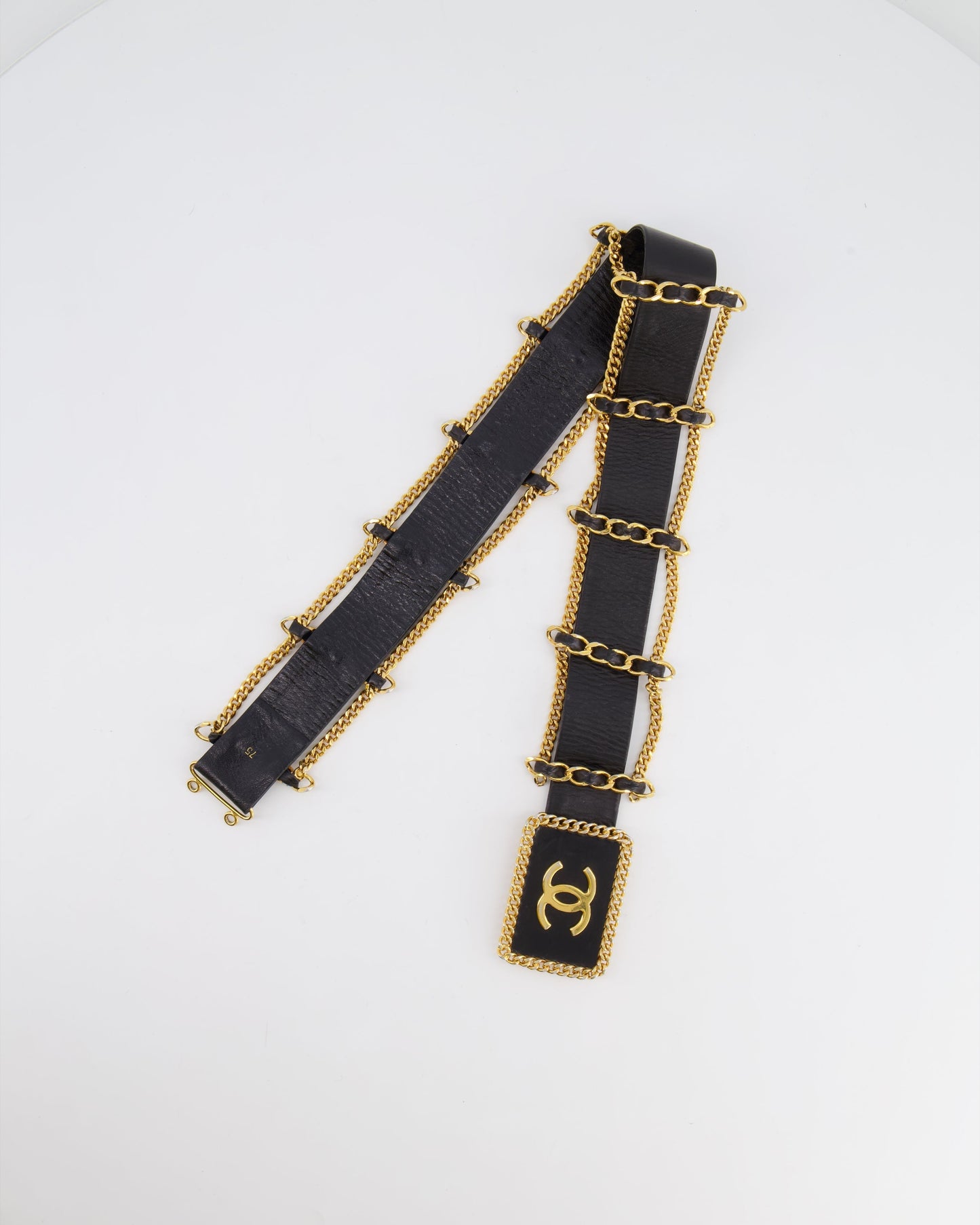 *HOT* Chanel   Black Leather Belt with Gold Chain and CC Logo Size 75