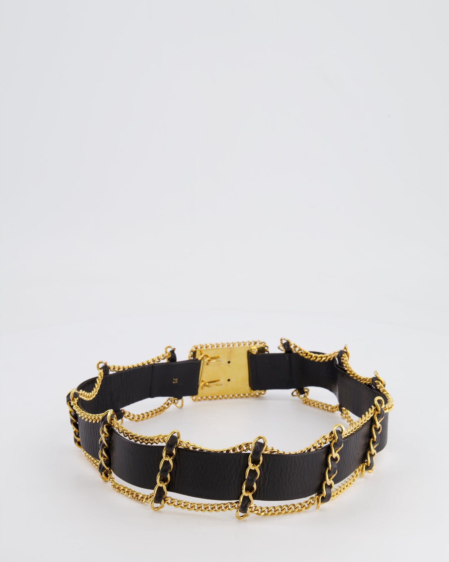 *HOT* Chanel   Black Leather Belt with Gold Chain and CC Logo Size 75