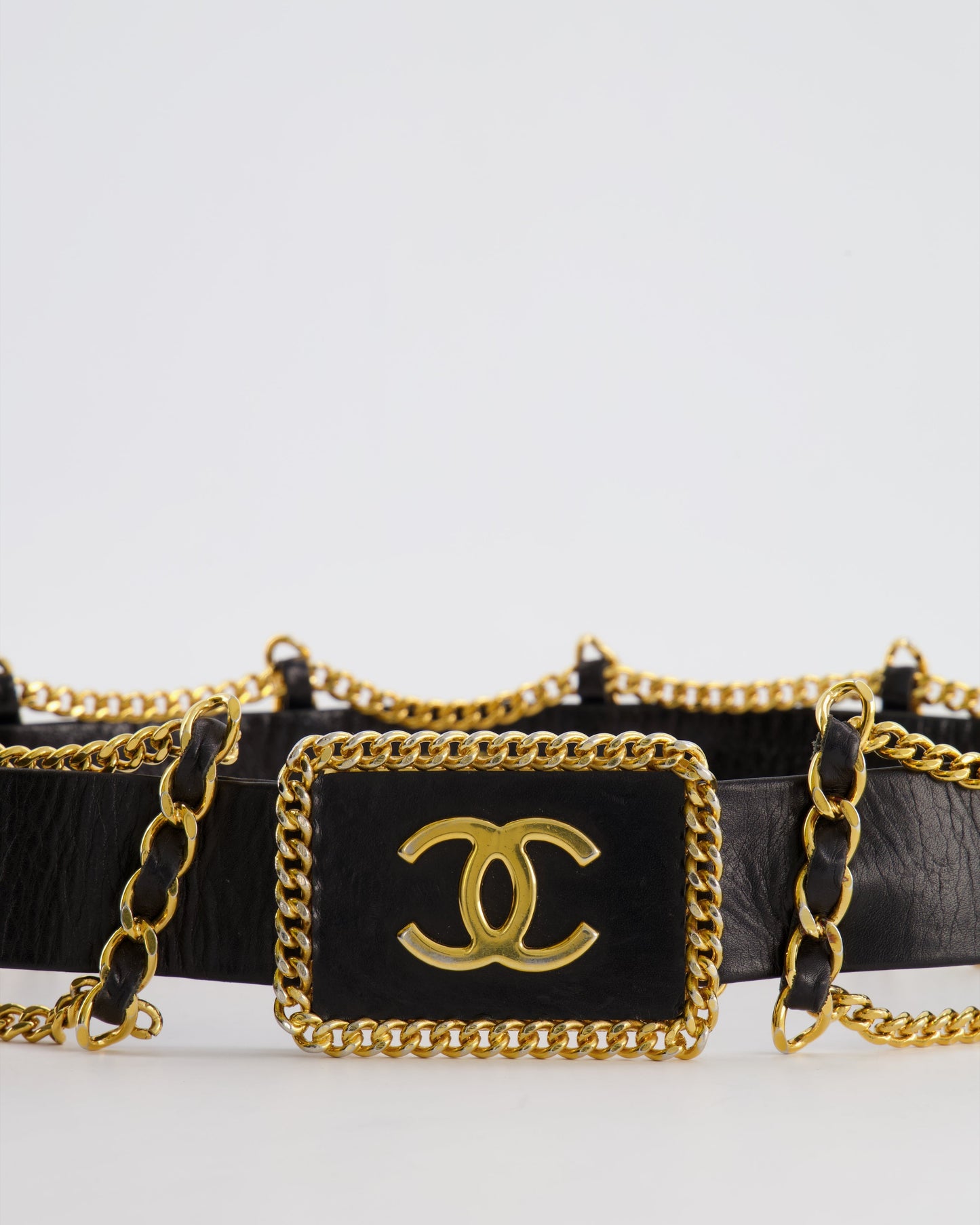 *HOT* Chanel   Black Leather Belt with Gold Chain and CC Logo Size 75