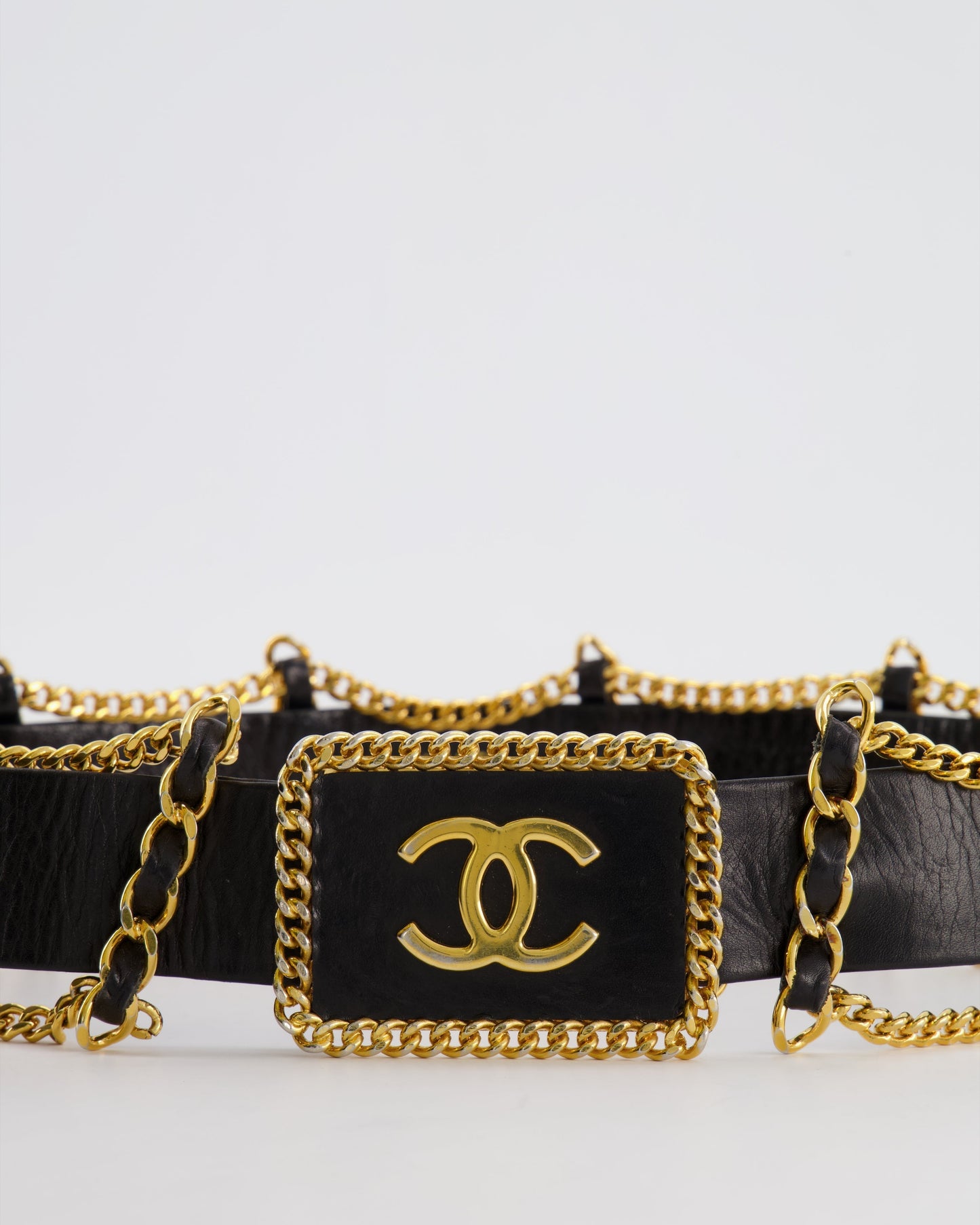 *HOT* Chanel   Black Leather Belt with Gold Chain and CC Logo Size 75