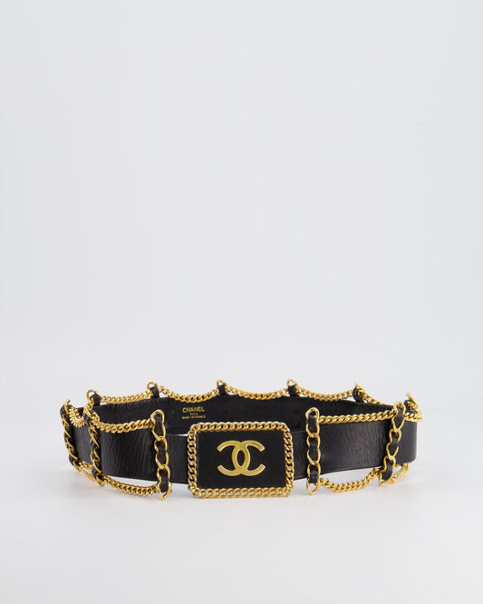 *HOT* Chanel   Black Leather Belt with Gold Chain and CC Logo Size 75