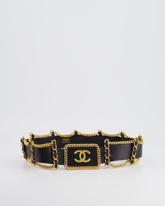 *HOT* Chanel   Black Leather Belt with Gold Chain and CC Logo Size 75
