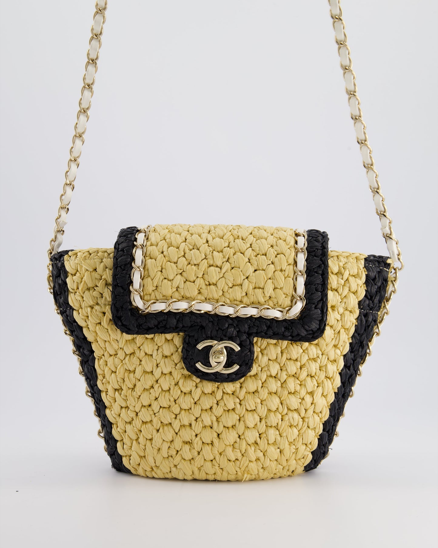 *HOT* Chanel 24C Venice Collection Beige Raffia Basket Bag with White Leather Interlocking Chain & Champagne Gold Hardware