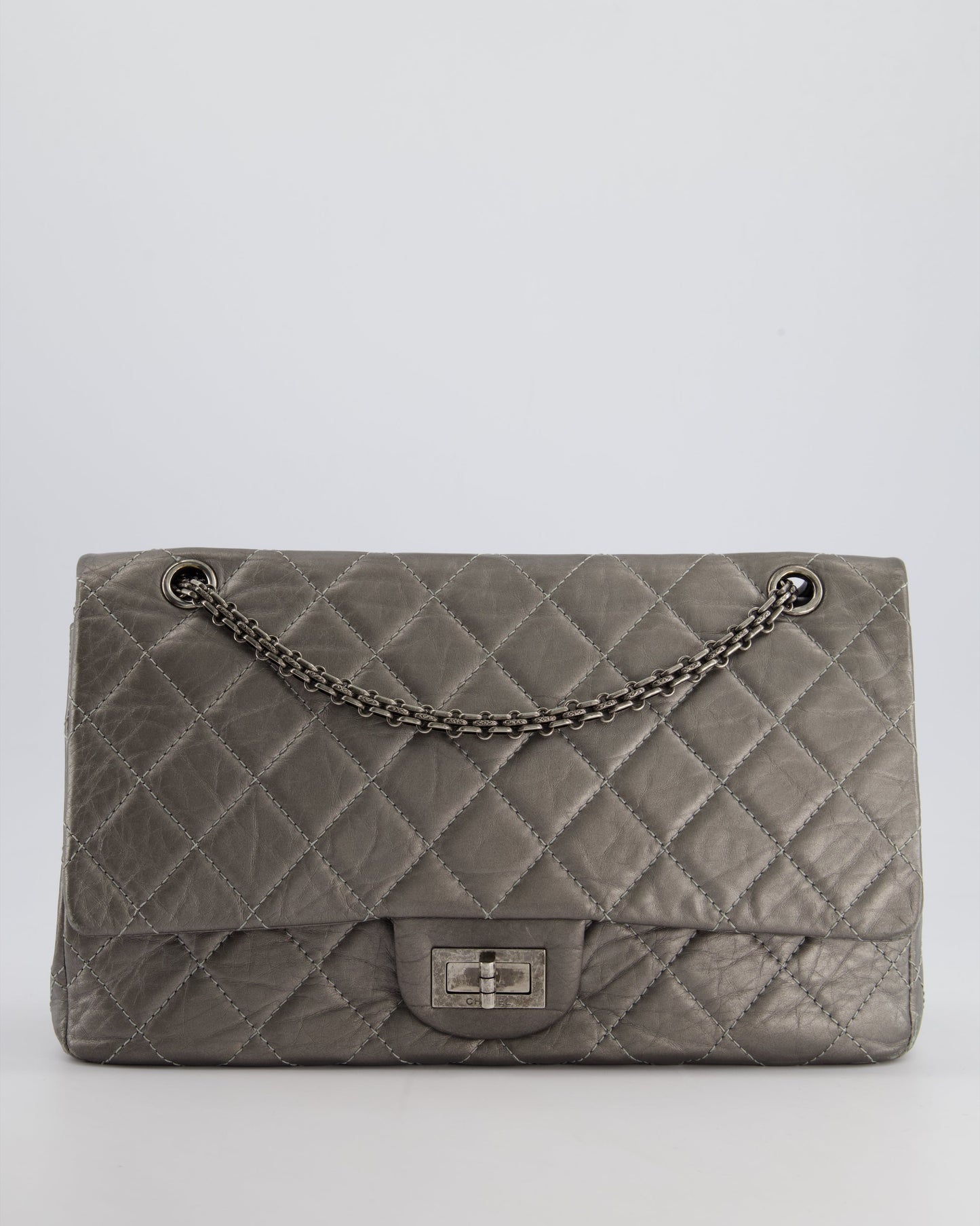 *FIRE PRICE* Chanel 2.55 Jumbo Reissue Bag in Metallic Grey Crumpled Calfskin Leather With Gunmetal Hardware