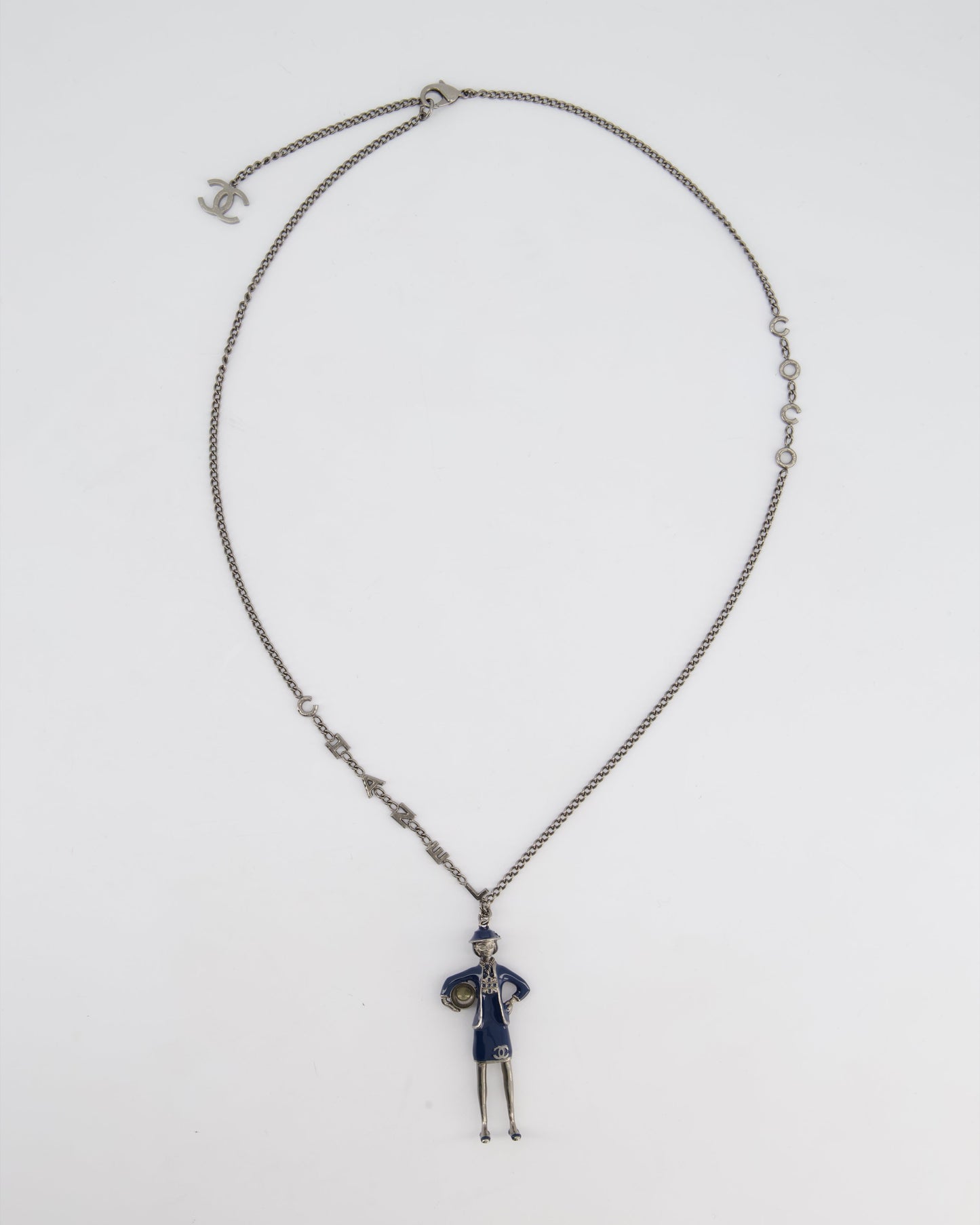 *HOT* Chanel Grey Mademoiselle Doll Charm Necklace with COCO & CHANEL Chain Details