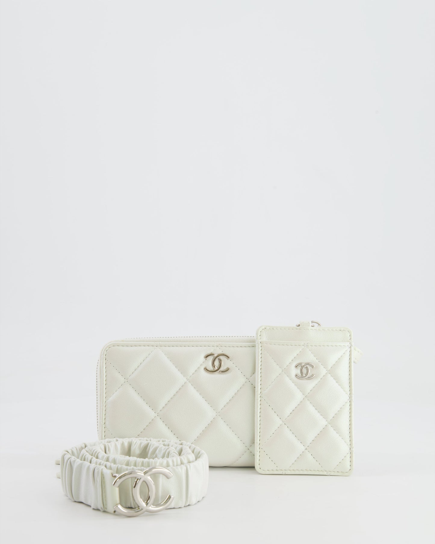 *HOT* Chanel Coco Neige White Pearlescent Lambskin Belt Bag with Silver Hardware