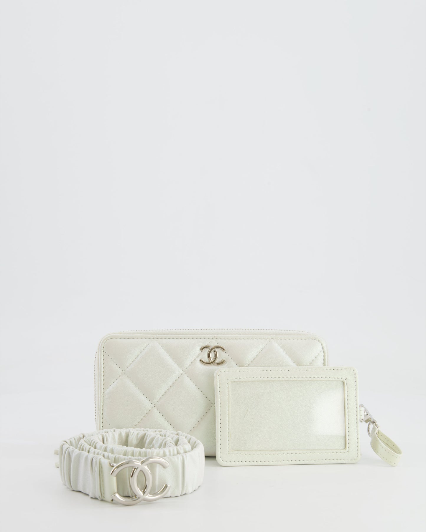 *HOT* Chanel Coco Neige White Pearlescent Lambskin Belt Bag with Silver Hardware