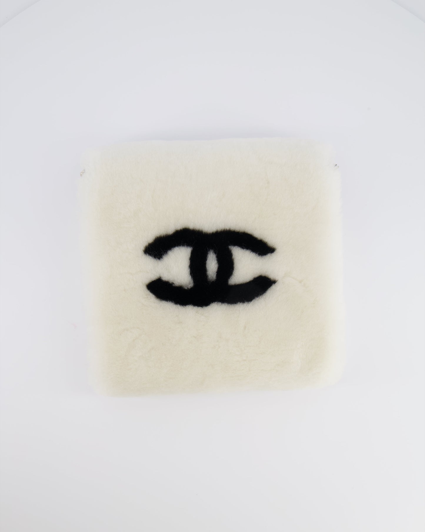 *HOT* Chanel Coco Neige 25/26 Ecru and Black Shearling Lambskin Muff Bag with Black CC Logo and Champagne Gold Chain Detail