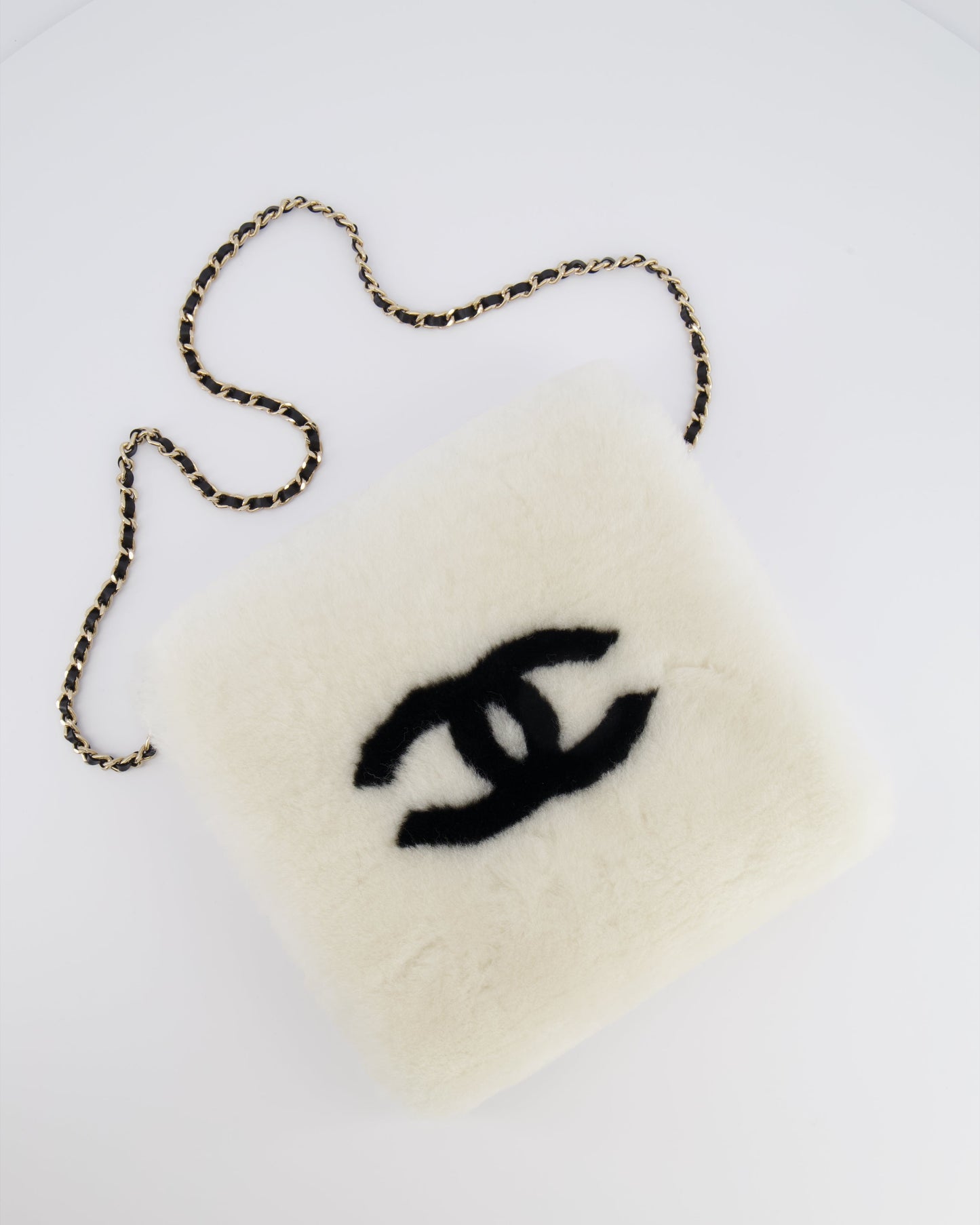 *HOT* Chanel Coco Neige 25/26 Ecru and Black Shearling Lambskin Muff Bag with Black CC Logo and Champagne Gold Chain Detail