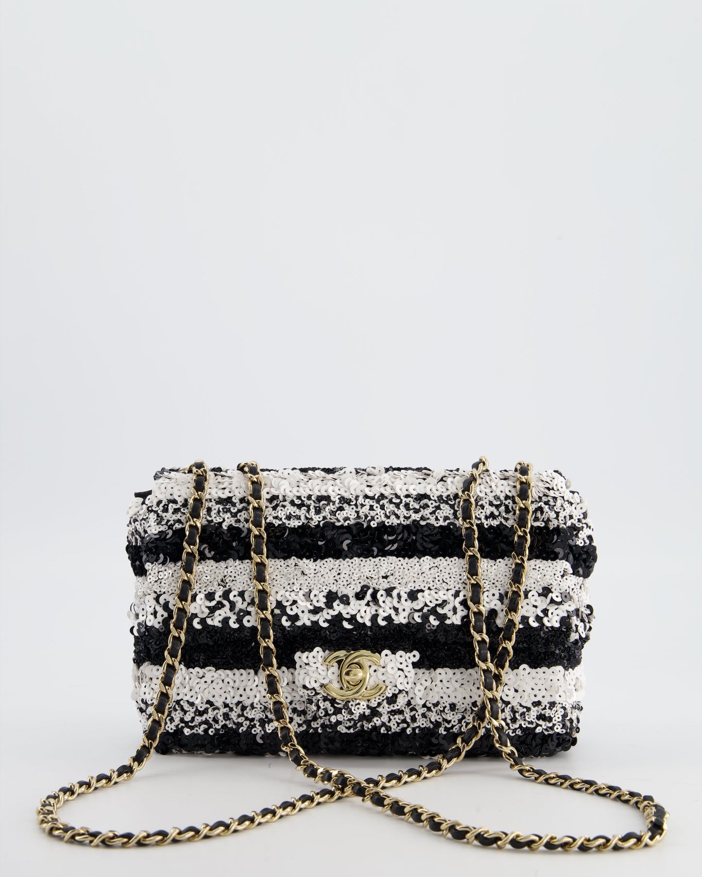 *HOT* Chanel Black and White Stripe Sequin Coco Mark Single Flap Bag with Champagne Gold Hardware