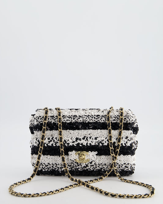*HOT* Chanel Black and White Stripe Sequin Coco Mark Single Flap Bag with Champagne Gold Hardware