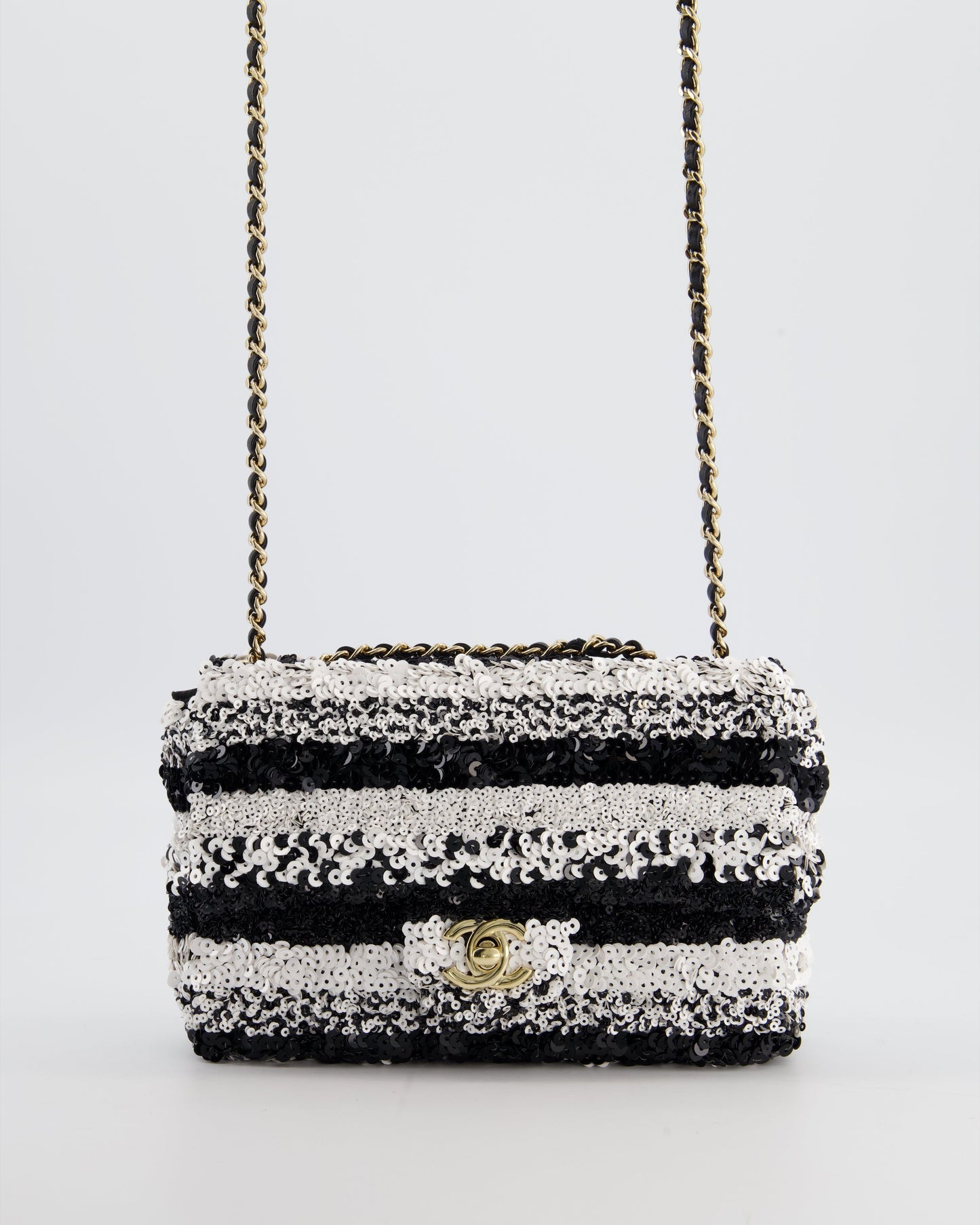 *HOT* Chanel Black and White Stripe Sequin Coco Mark Single Flap Bag with Champagne Gold Hardware