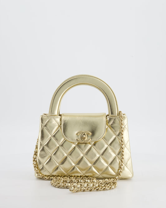 *HOT* Chanel Gold Small Mini Kelly Shopping Bag in Shiny Metallic Calfskin Leather with Metallic Gold Hardware