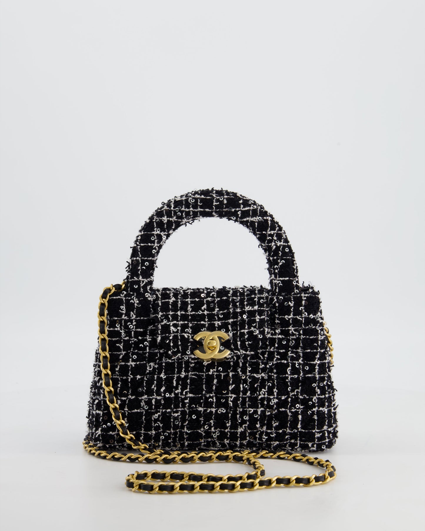 *HOT & RARE* Chanel Black & White Tweed and Sequin Small Kelly Bag with Brushed Antique Gold Hardware