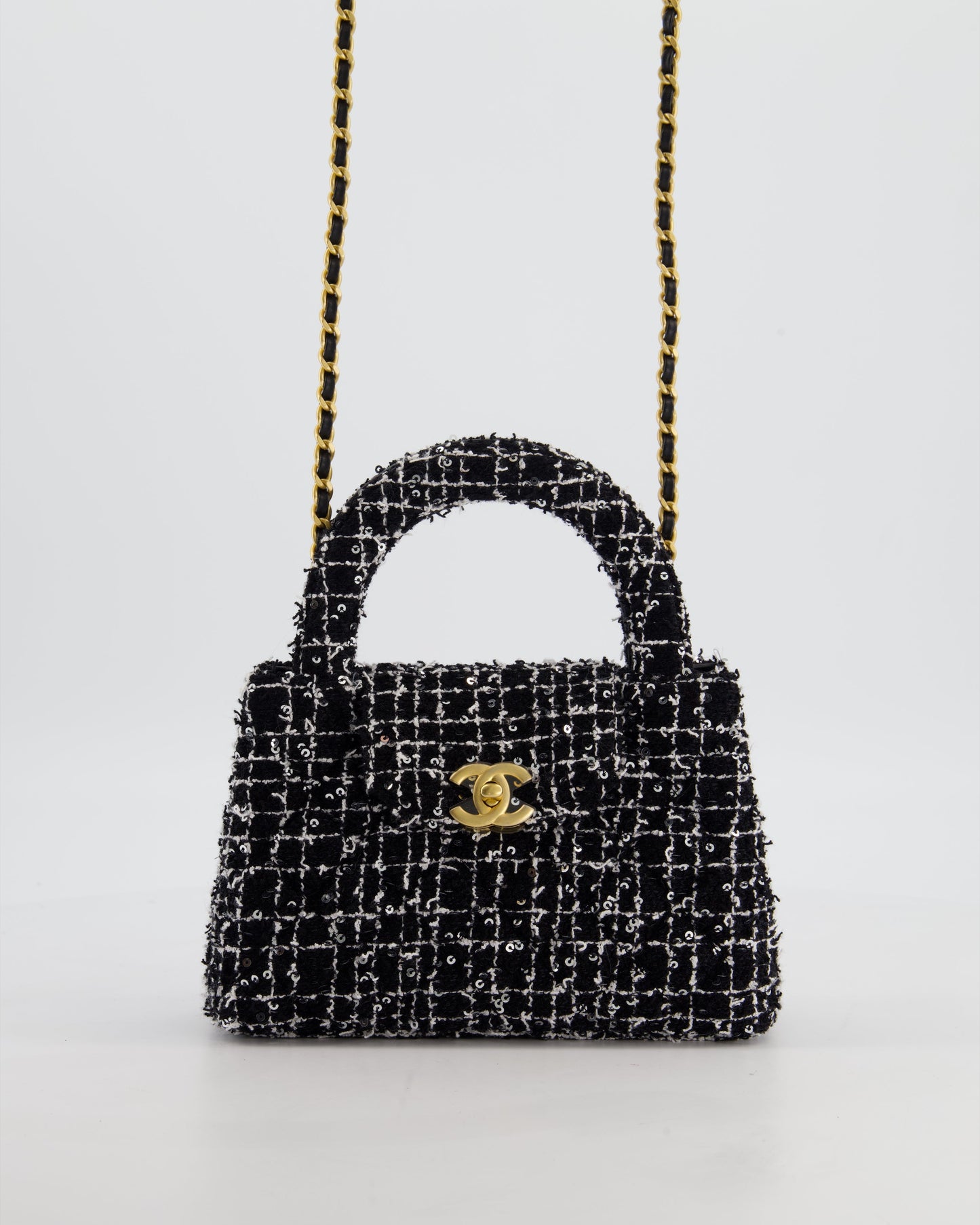 *HOT & RARE* Chanel Black & White Tweed and Sequin Small Kelly Bag with Brushed Antique Gold Hardware
