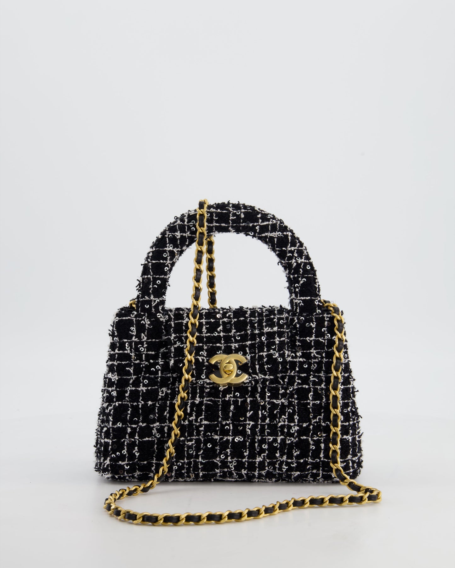 *HOT & RARE* Chanel Black & White Tweed and Sequin Small Kelly Bag with Brushed Antique Gold Hardware