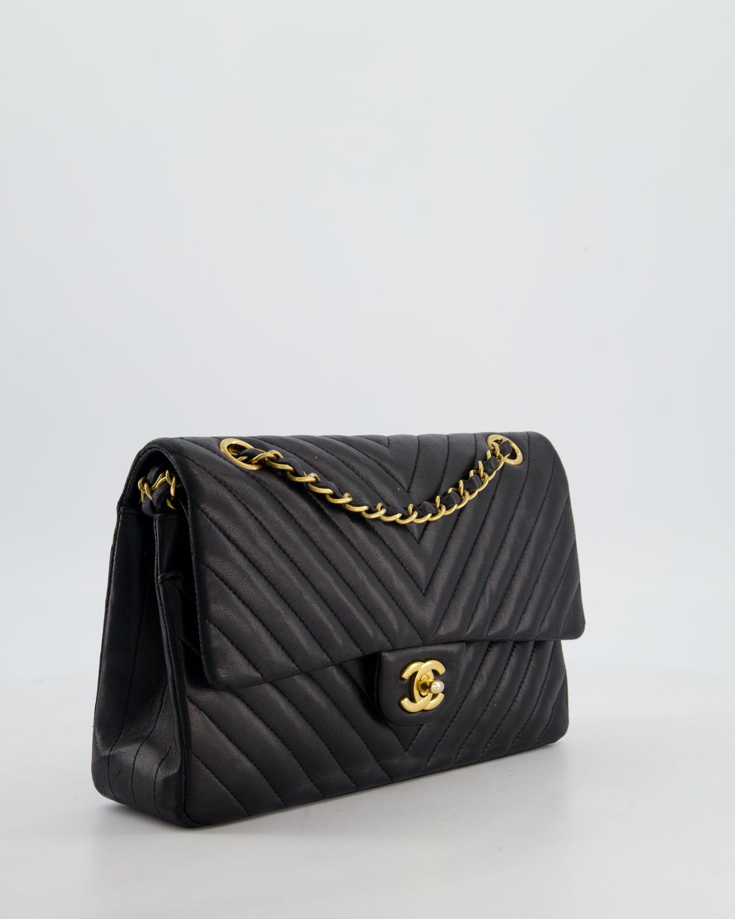 *FIRE PRICE* Chanel Black Chevron Medium Classic Double Flap Bag in Lambskin Leather with Gold Hardware