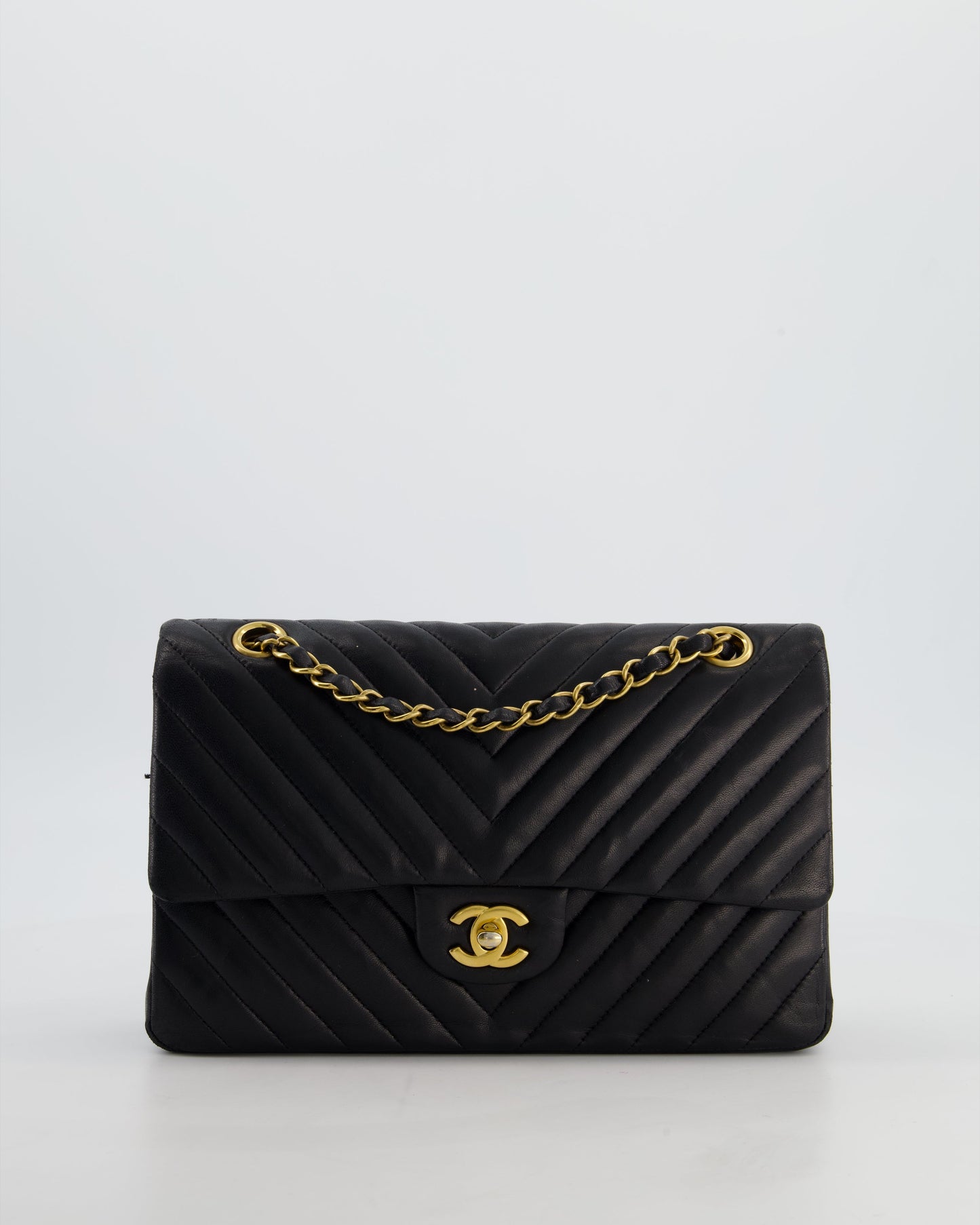 *FIRE PRICE* Chanel Black Chevron Medium Classic Double Flap Bag in Lambskin Leather with Gold Hardware