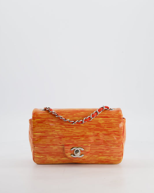 *FIRE PRICE* Chanel Red & Yellow Striped Mini Rectangular Flap Bag in Patent Leather with Silver Hardware