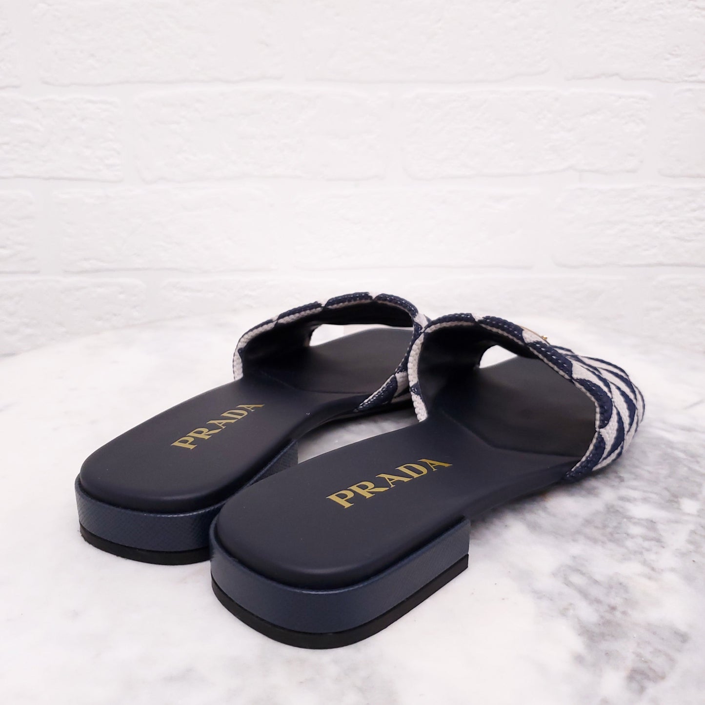 PRADA WOVEN LOGO SLIDES - SIZE 37