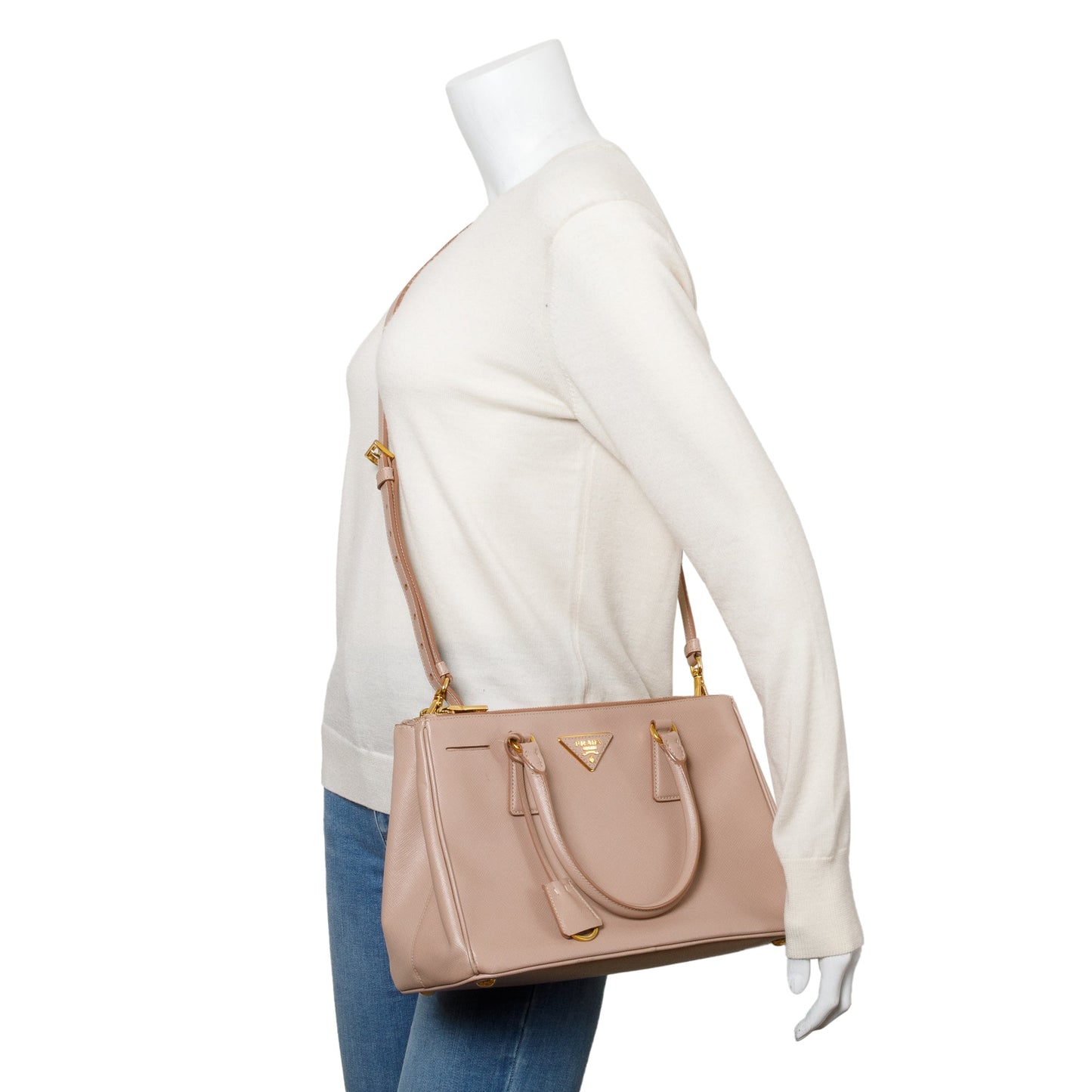 Prada Beige Saffiano Leather Small Double Zip Galleria Tote