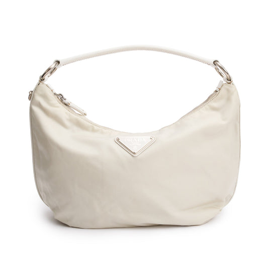Prada Beige Saffiano Leather Trimmed Tessuto Nylon Hobo