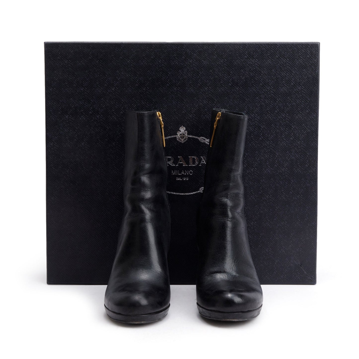 Prada Black Leather Ankle Boots, Size 36.5