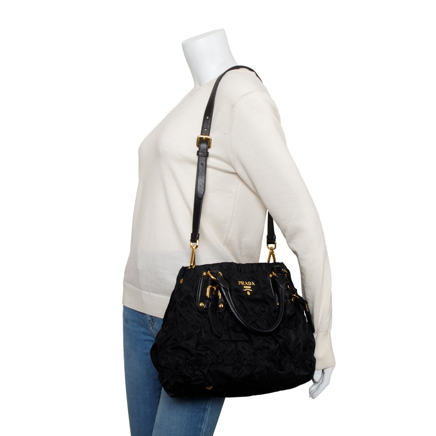 Prada Black Leather-Trimmed Tessuto Gaufre Tote