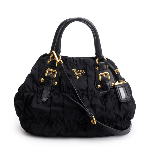 Prada Black Leather-Trimmed Tessuto Gaufre Tote