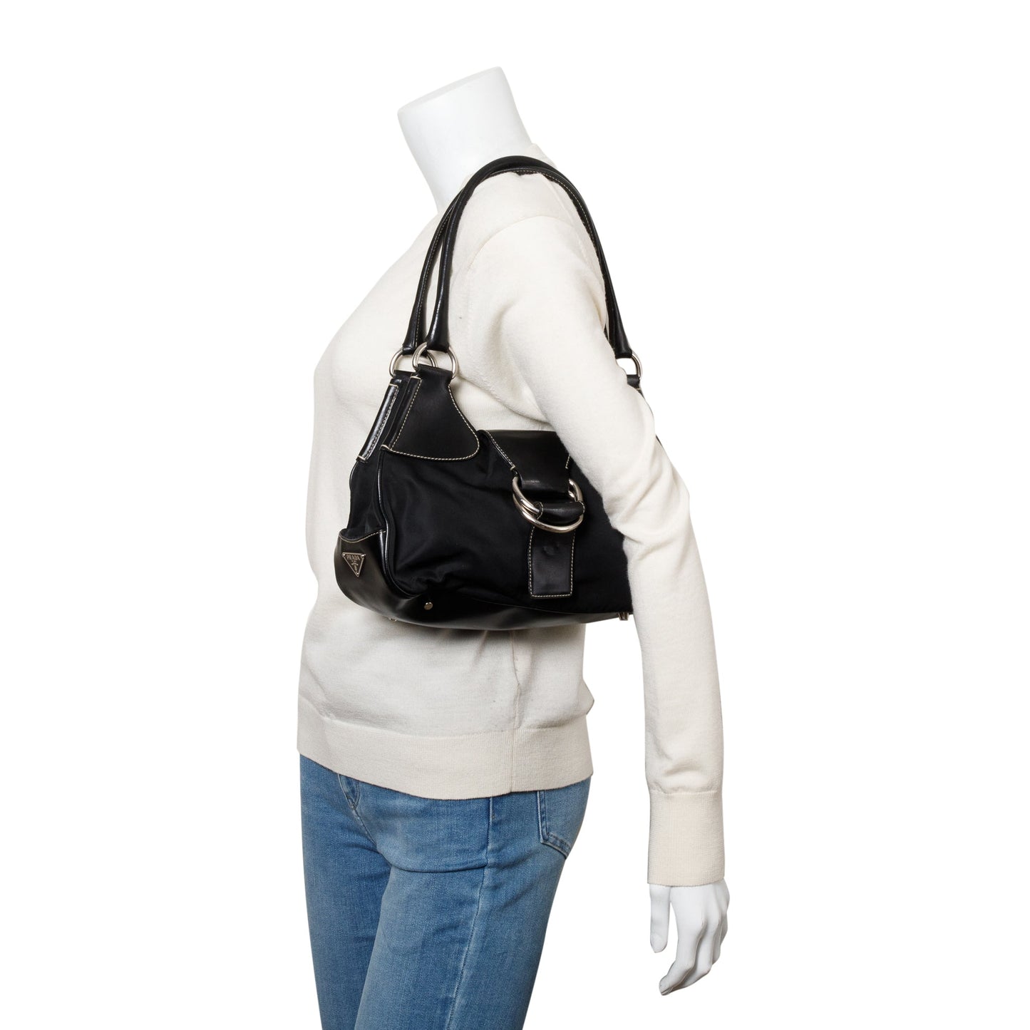 Prada Black Leather-Trimmed Tessuto Nylon Moon Bag