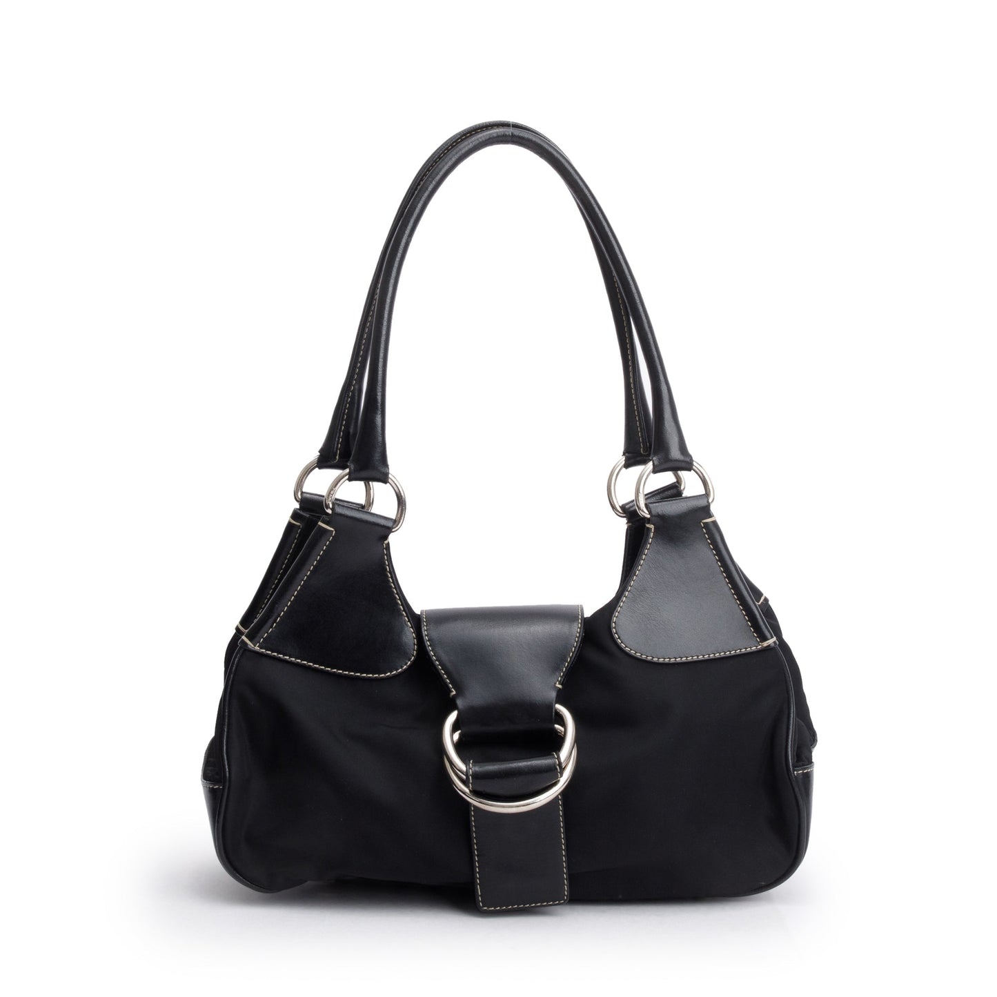 Prada Black Leather-Trimmed Tessuto Nylon Moon Bag
