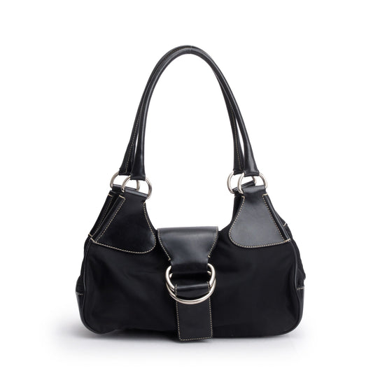 Prada Black Leather-Trimmed Tessuto Nylon Moon Bag