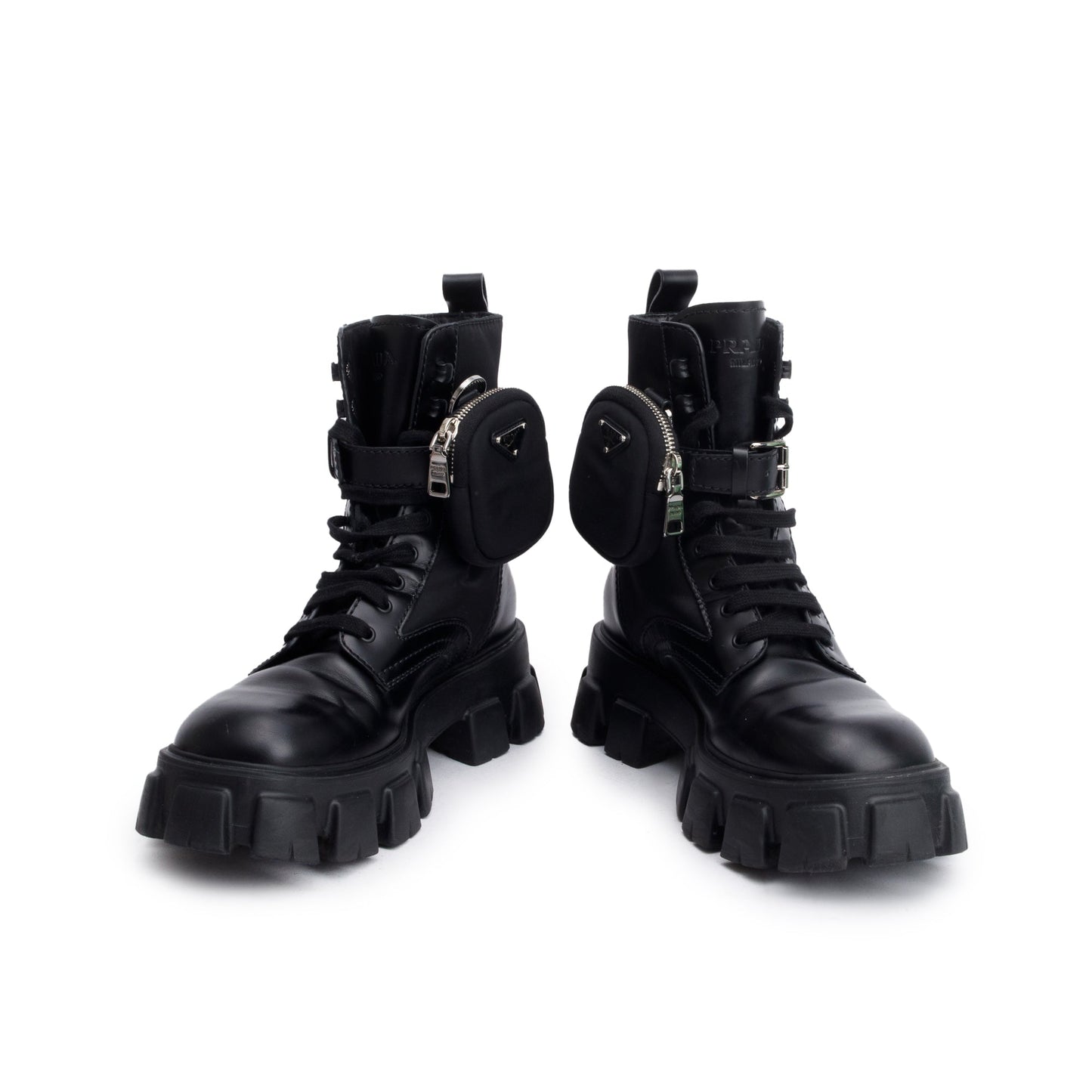 Prada Black Monolith Leather and Re-Nylon Boots with Pouch, Size 8