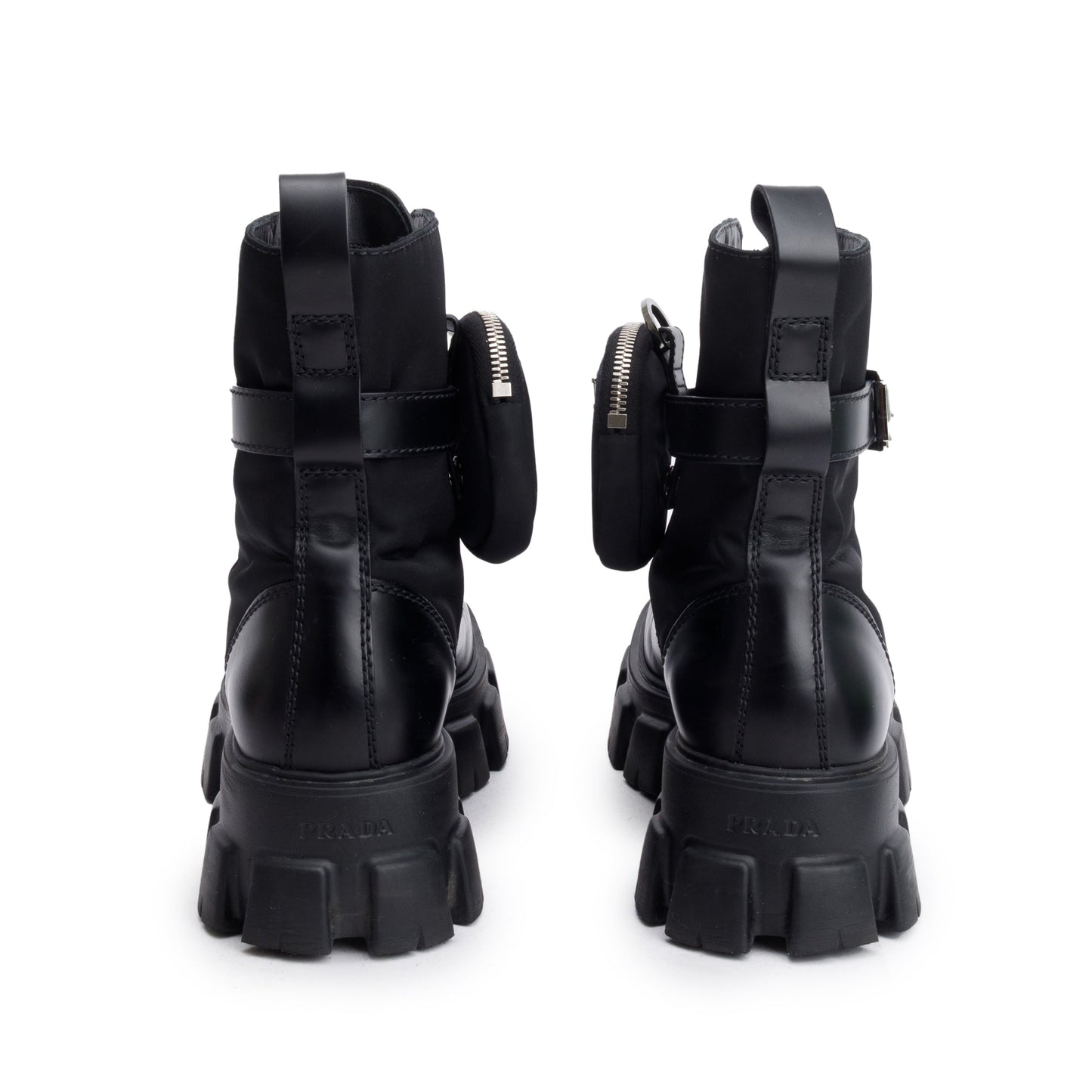 Prada Black Monolith Leather and Re-Nylon Boots with Pouch, Size 8