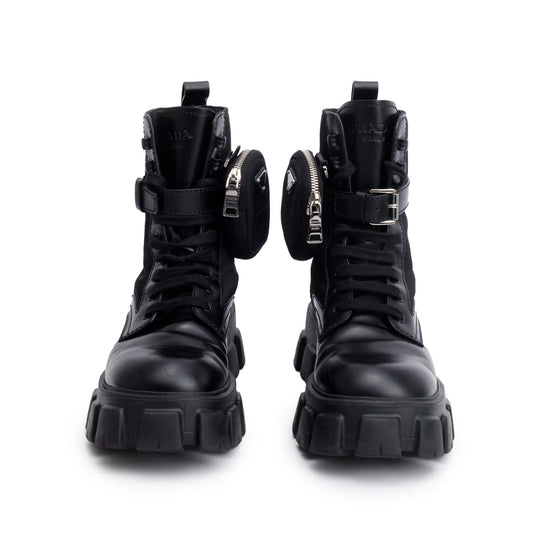 Prada Black Monolith Leather and Re-Nylon Boots with Pouch, Size 8
