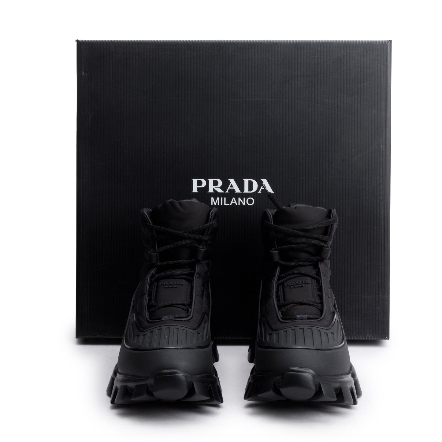 Prada Black Nylon/ Rubber Cloudbust Thunder Lug-Sole Combat Boots, Size 6.5