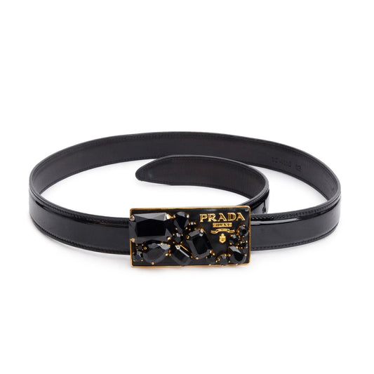 Prada Black Patent Leather Cystal Embellishment Enamel Logo Buckle Belt