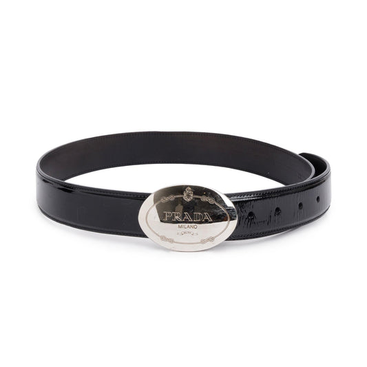 Prada Black Patent Leather Oval Buckle Belt