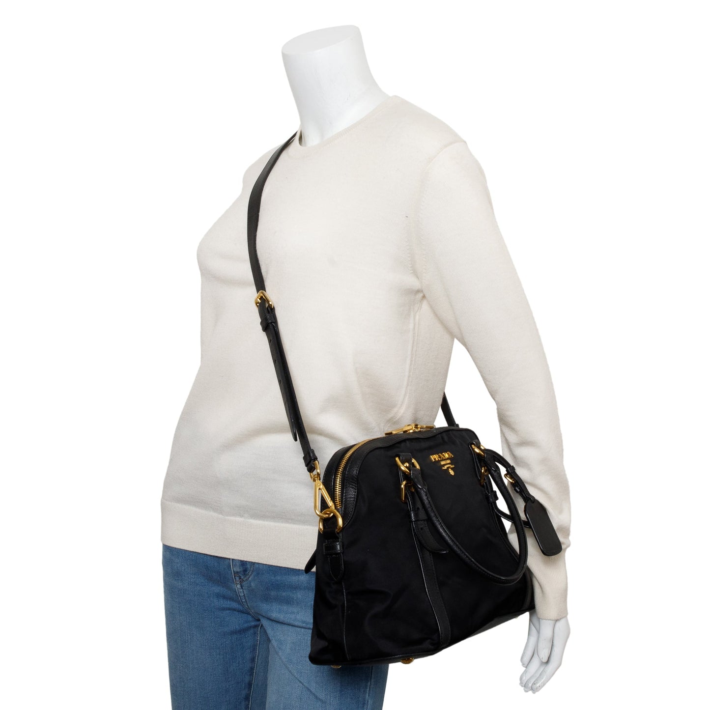 Prada Black Saffiano Leather-Trimmed Tessuto Nylon Shoulder Bag