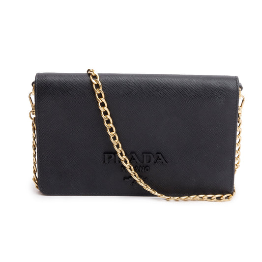 Prada Black Saffiano Lux Monochrome Wallet on Chain